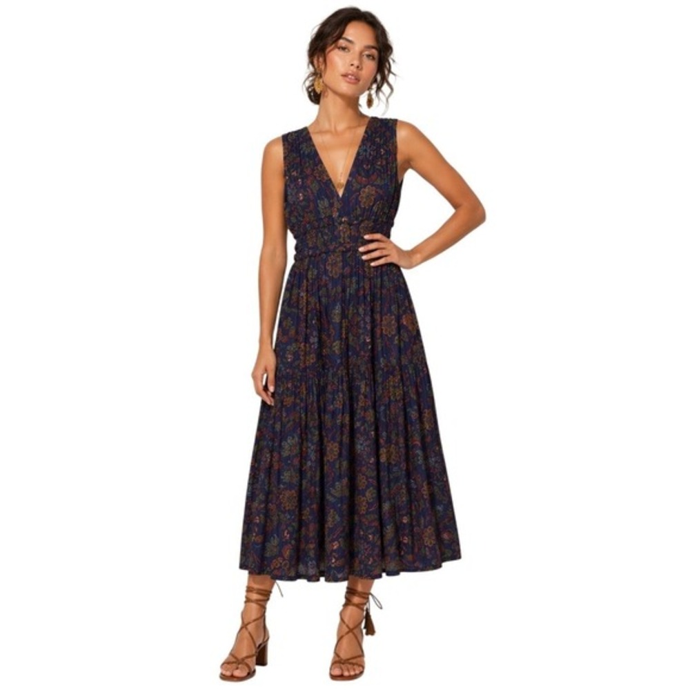 Deane Navy Floral Paisley Smocked Tiered Midi Dress V-Neck Boho Size‎ M NWOT